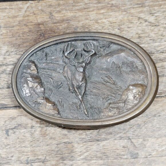 Bergamot Brass Works Other - Vintage Brass Belt Buckle Bergamot Hunting White Tail Deer 3D Wildlife Scene USA
